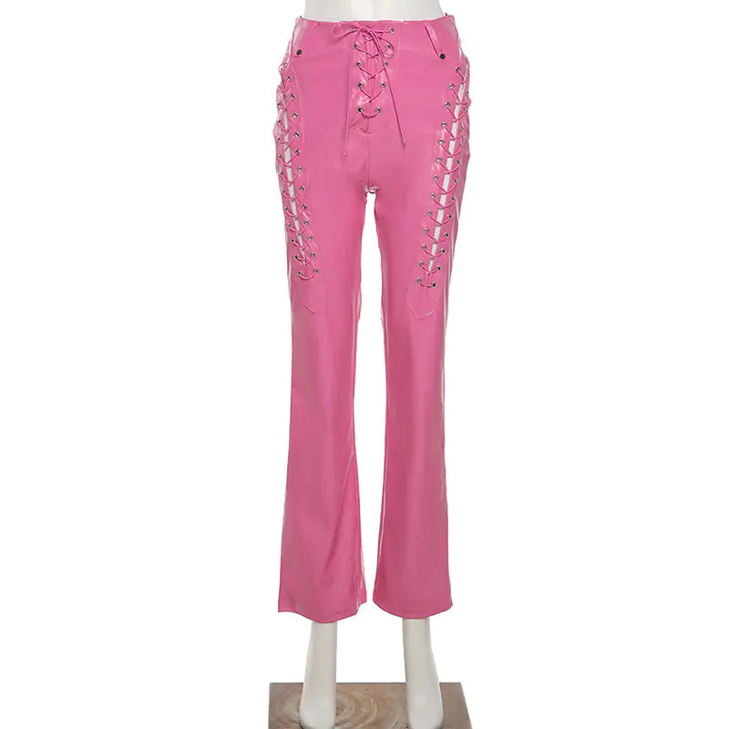 Women’s High-Waisted Hollow Straps Leather Leggings